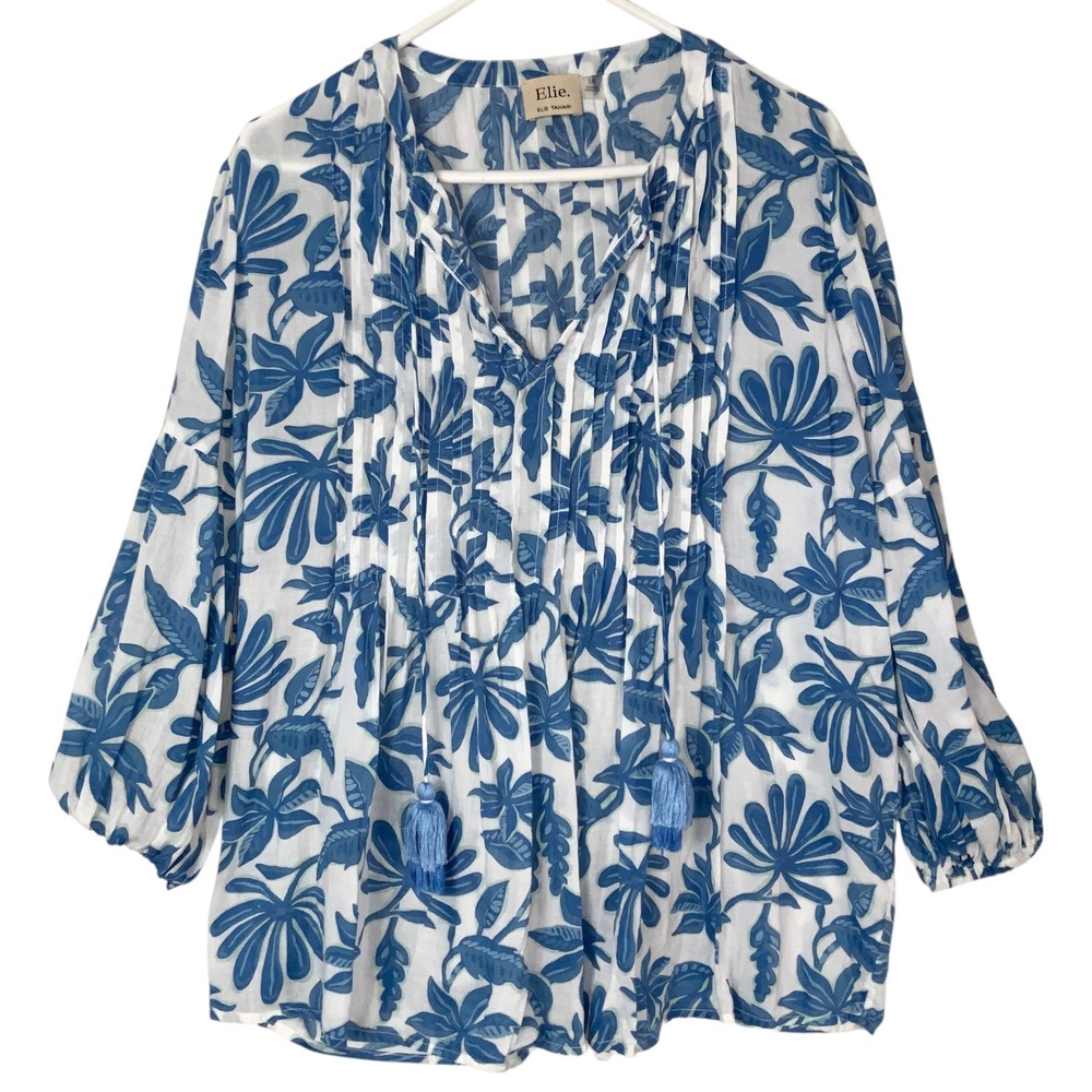 Elie Tahari Blue White Floral Pintuck Tassel V-Neck 3/4 Sleeve Blouse Size L